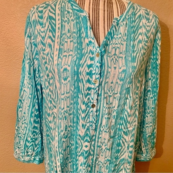 Grand & Greene Tunic Top Large Teal White 3/4 Length Sleeves 1/4 Button-Up Rayon - Picture 4 of 15